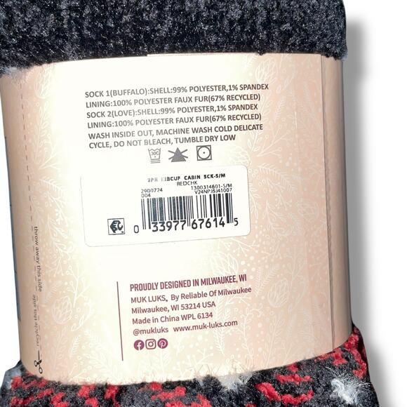 Muk Luks Sz S/M Slipper Socks Faux Fur Lined Warm Cabin 2 Pk Buffalo Check Gift - Picture 10 of 14